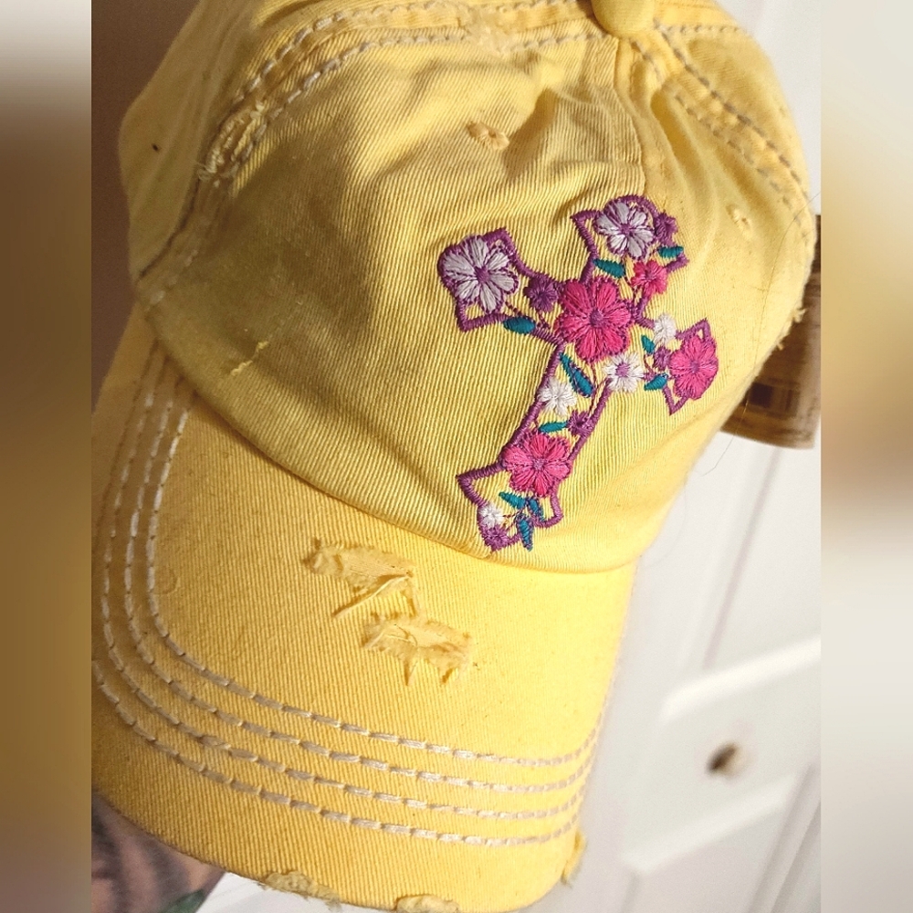 Pastel yellow floral cross hat